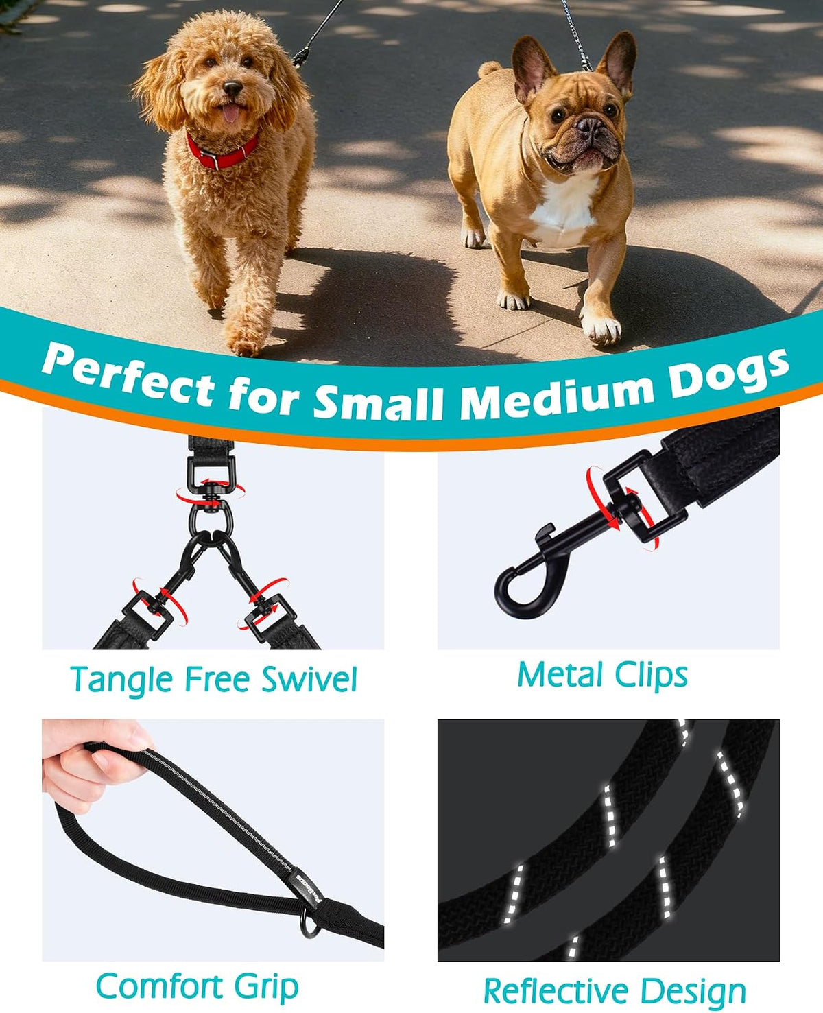PetBonus dual dog leash padded handles close up comfort grip protection