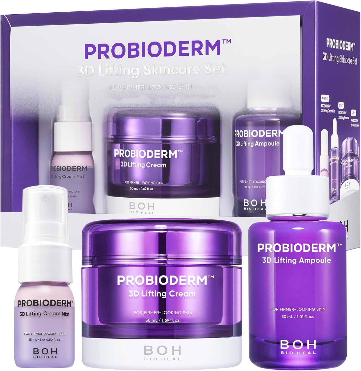 BIOHEAL BOH Probioderm 3D Lifting Skincare Set front view showing anti aging cream ampoule and mist