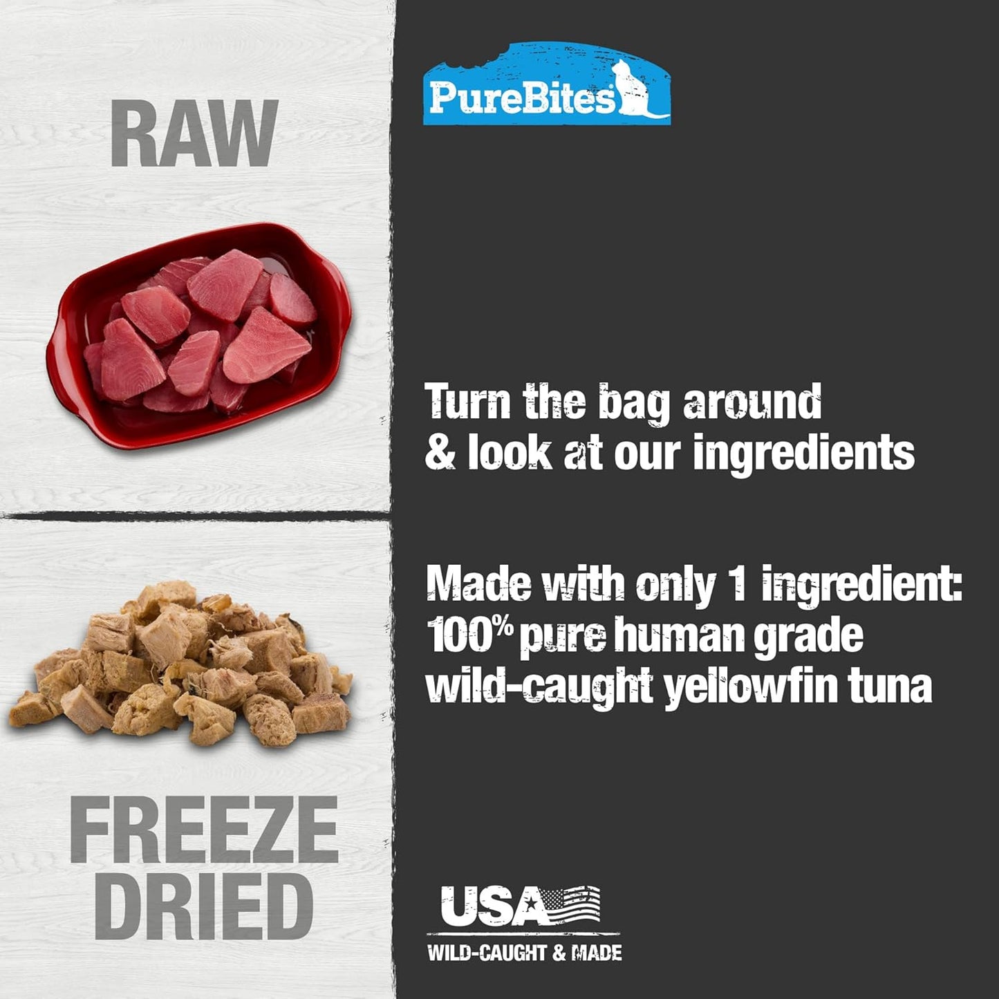 Texture detail of PureBites yellowfin tuna freeze dried fish cubes for cats showcasing the raw nutritional preservation.