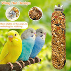 Parakeet enjoying natural crunch stick attached inside a wire bird cage