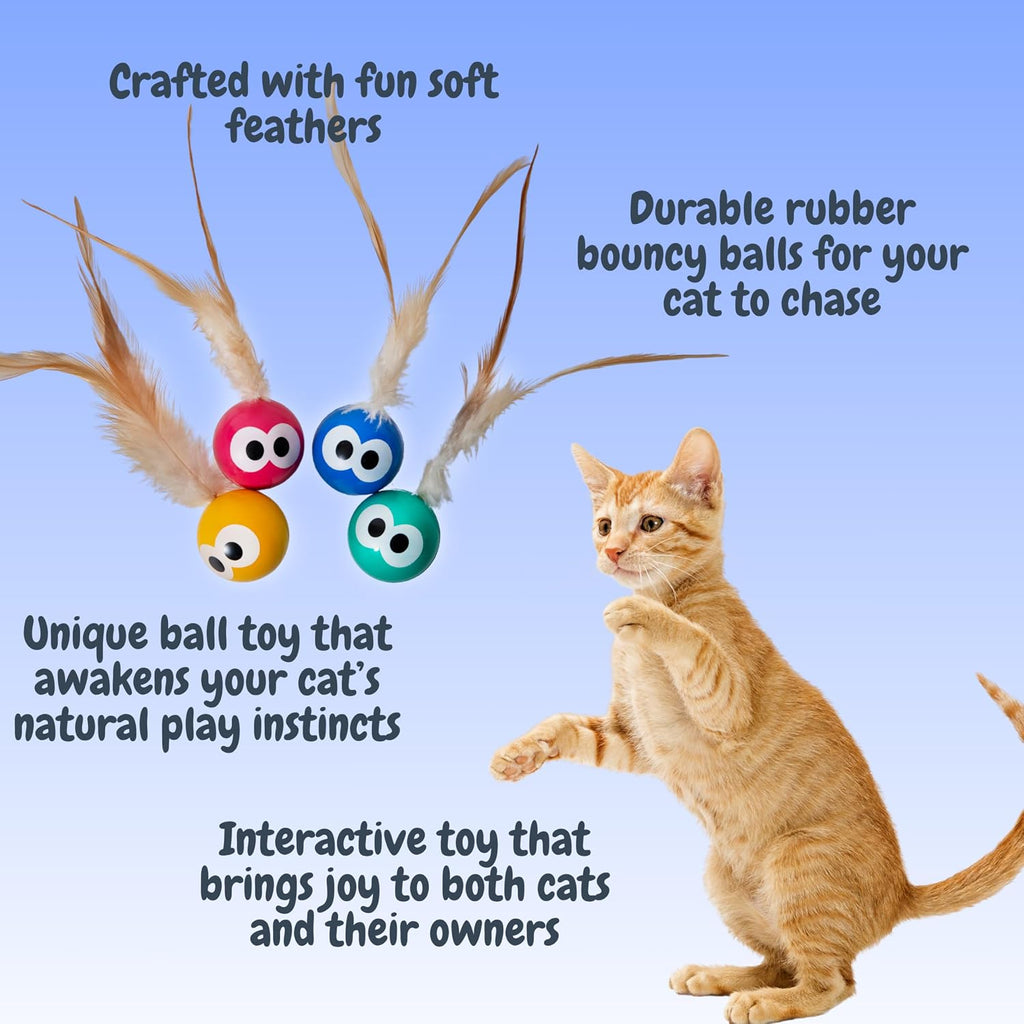 Close up view of the durable rubber ball featuring expressive eyes and attached colorful natural feather tails for kittens.