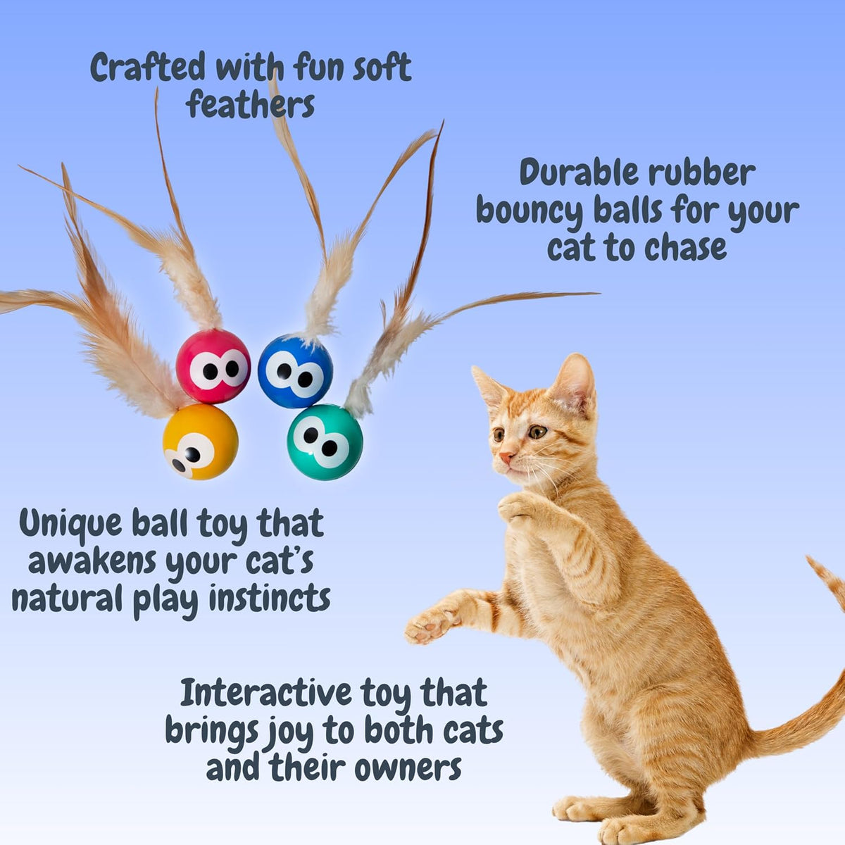 Close up view of the durable rubber ball featuring expressive eyes and attached colorful natural feather tails for kittens.