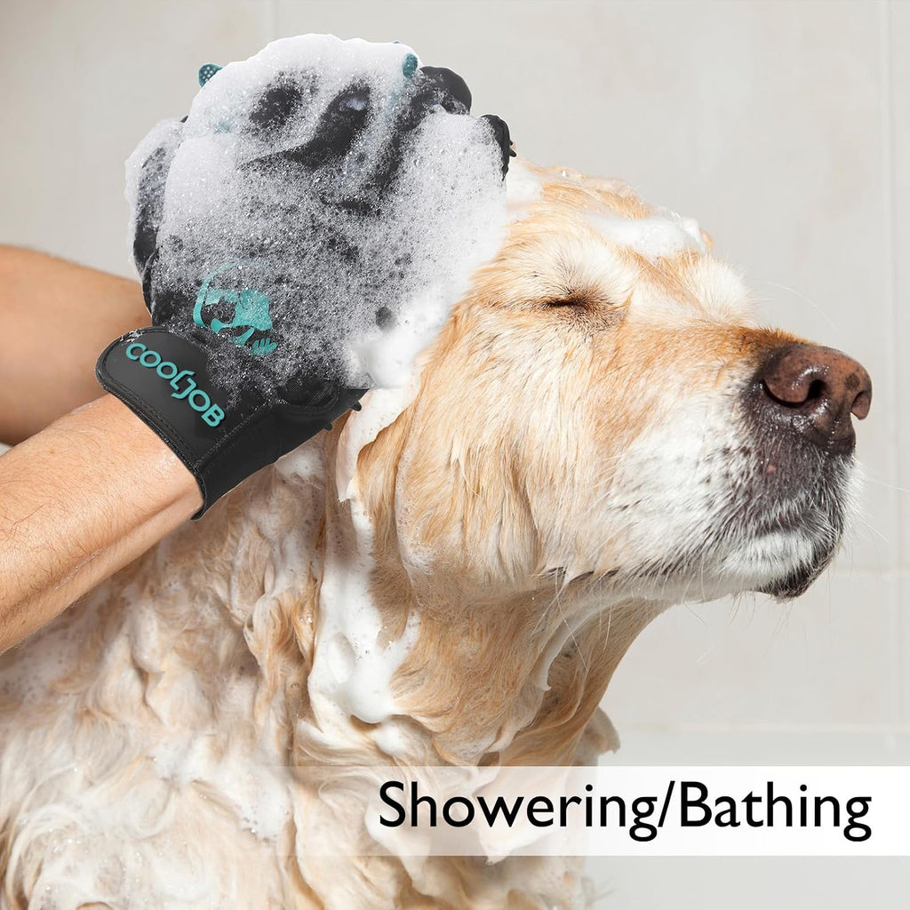 Person using Cooljob grooming glove on a dog for deshedding