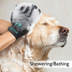 Person using Cooljob grooming glove on a dog for deshedding