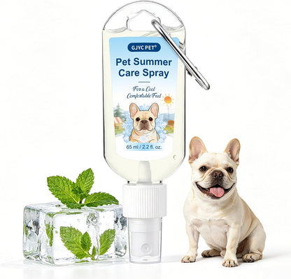 GJYC PET Dog Cooling Spray front view showing the portable bottle and attached carabiner clip for pet heat relief.