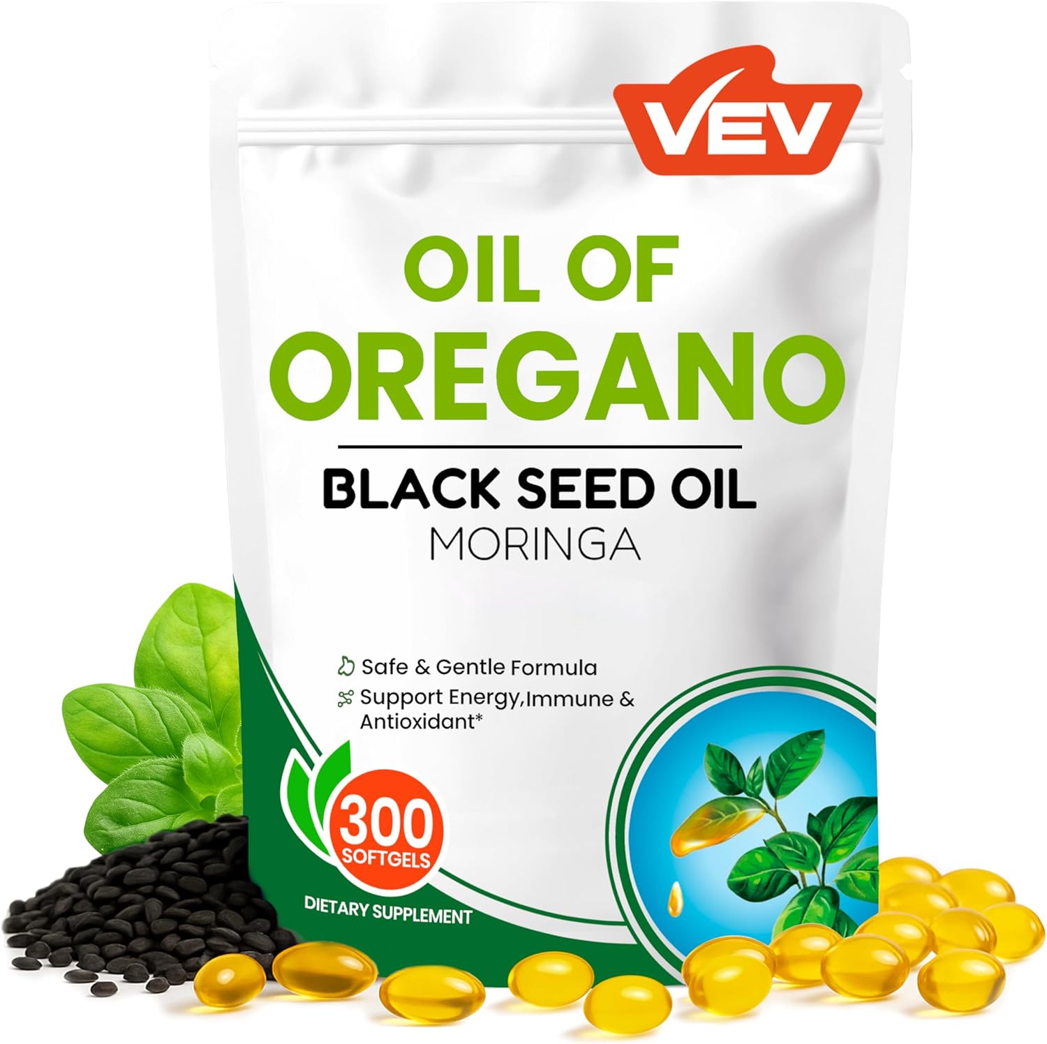 VEV Oil of Oregano with Black Seed Oil and Moringa Complex 300 Capsules front view pouch pack.
