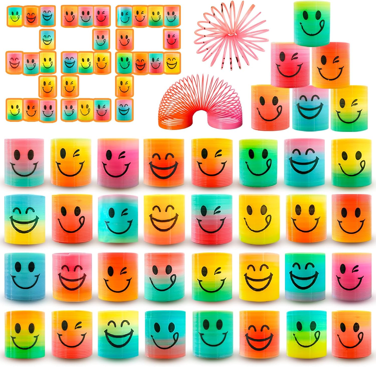 Cocurb mini spring party favors front view featuring a colorful assortment of rainbow emoji slinky toys for kids.