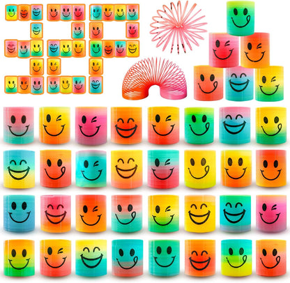Cocurb mini spring party favors front view featuring a colorful assortment of rainbow emoji slinky toys for kids.