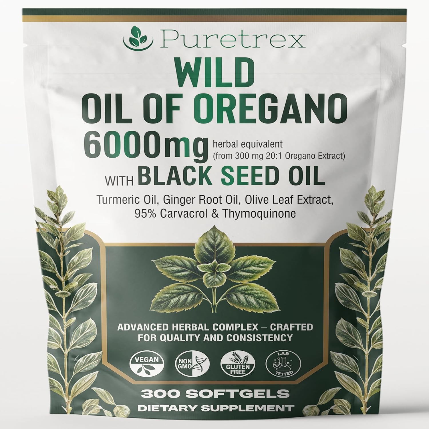 PURETREX Wild Oil of Oregano 6000mg front view packaging showing 300 vegan softgels container for immune support