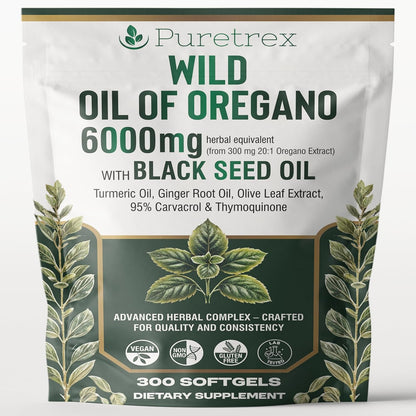 PURETREX Wild Oil of Oregano 6000mg front view packaging showing 300 vegan softgels container for immune support