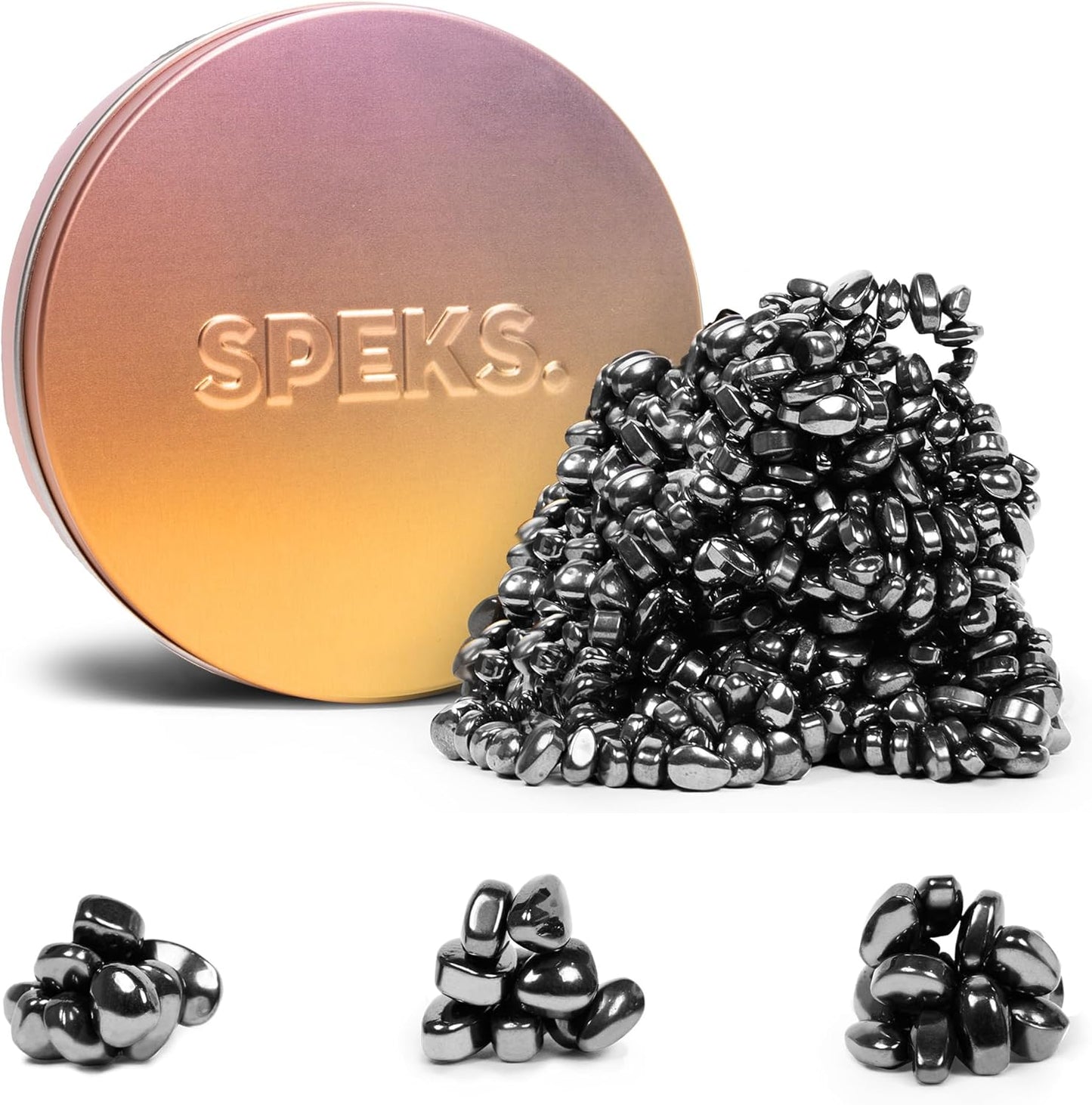 Speks Crags Ferrite Putty authentic magnetic fidget toy front view inside the pink gradient tin