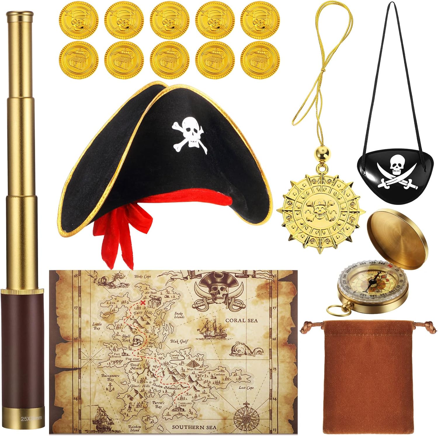 Woanger 17 Piece Pirate Costume Accessory Set showing full kit layout with monocular telescope and map