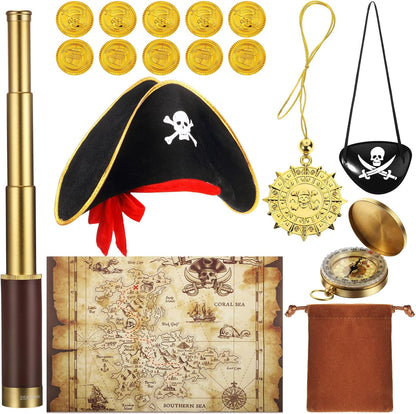 Woanger 17 Piece Pirate Costume Accessory Set showing full kit layout with monocular telescope and map