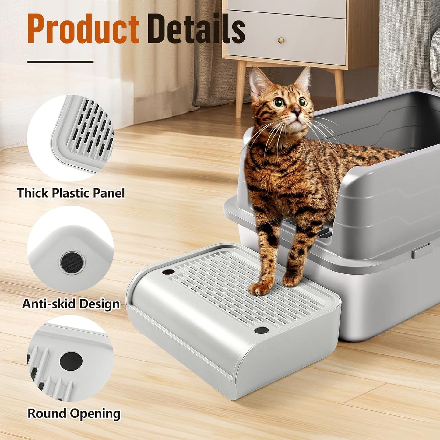 Senior cat using the elevated plastic litter box stairs