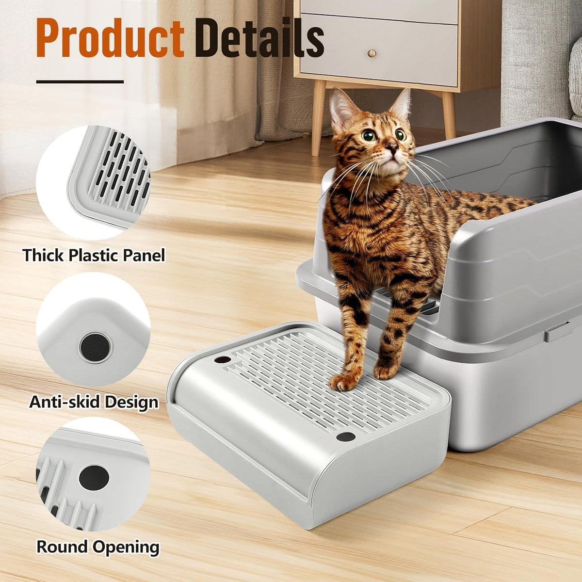 Senior cat using the elevated plastic litter box stairs