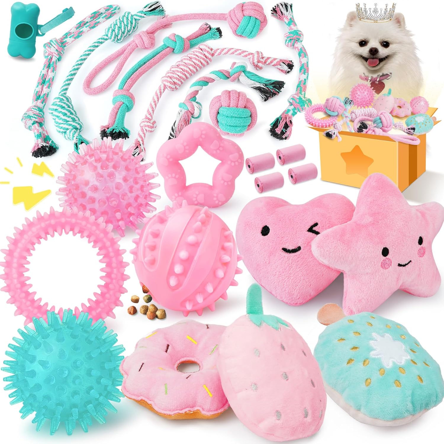 XIUGOAL Pink Puppy Toys front view of the full variety pack for teething small dogs