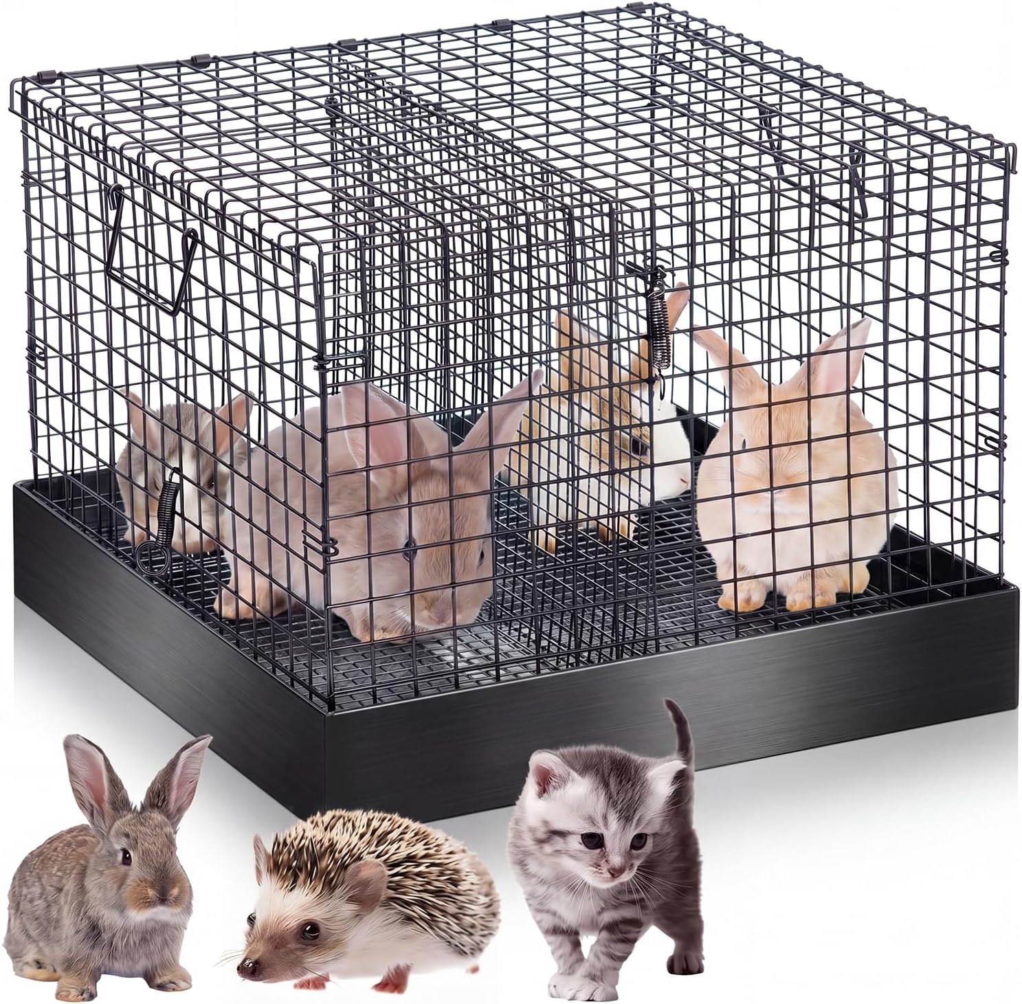 DoubleFill 2 Hole Foldable Rabbit Transport Cage, 18 x 18 x 14 in Portable Metal Bunny Carrier with Tray & Handles for Travel Temporary, Small Animal Cage for Guinea Pigs Hamster Indoor Outdoor - Image 8