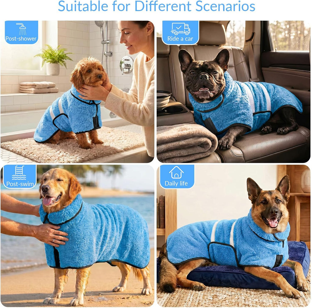 Back view of a large breed dog wearing the light blue Bienbee pet drying jacket after a swim.
