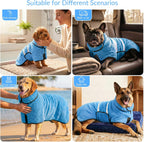 Back view of a large breed dog wearing the light blue Bienbee pet drying jacket after a swim.