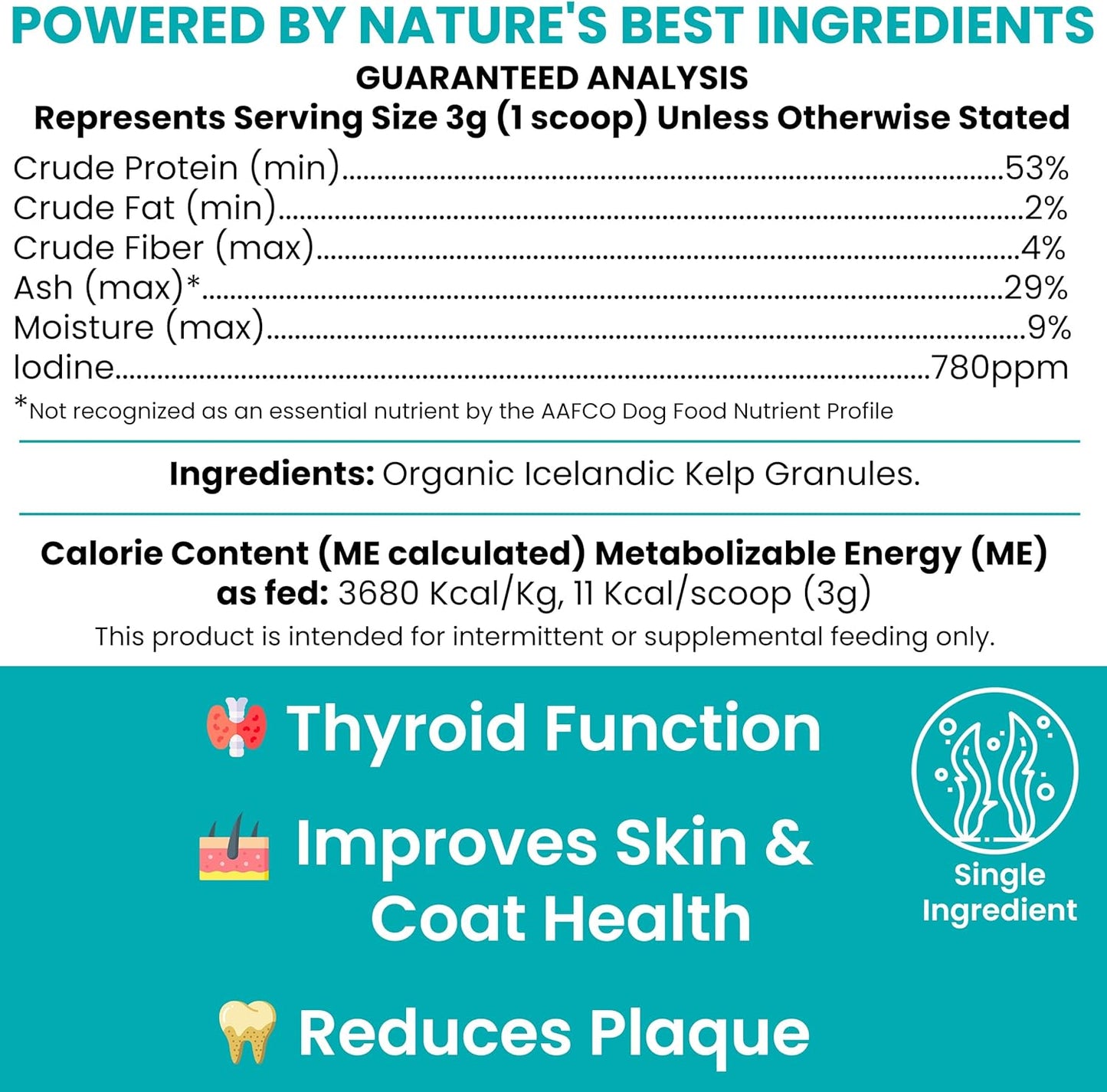 Detailed view of Chew Plus Heal Labs organic kelp meal topper
