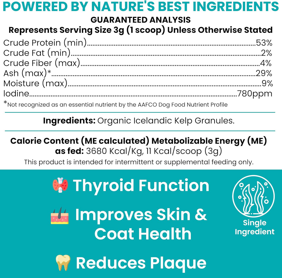 Detailed view of Chew Plus Heal Labs organic kelp meal topper