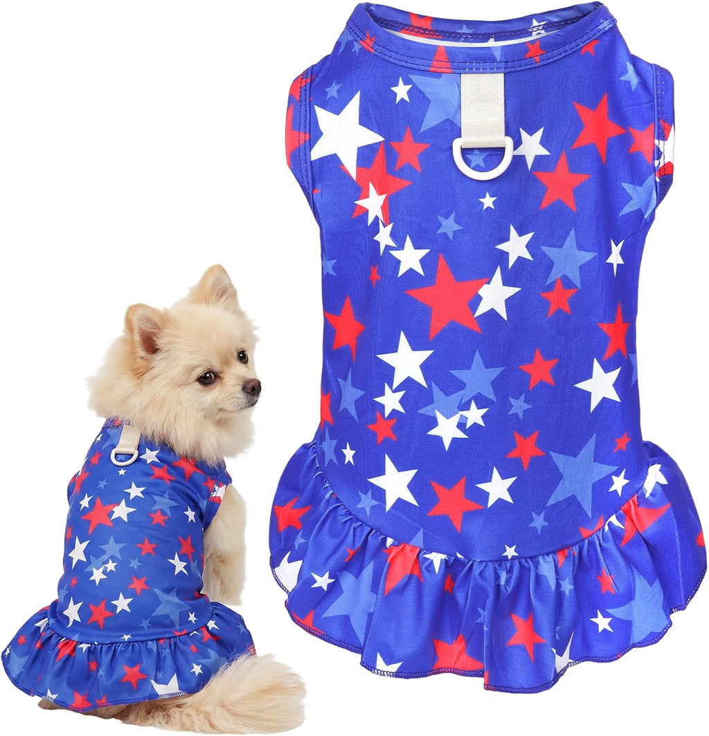Yeabwps 4th of July dog dress front view showing blue star patterns