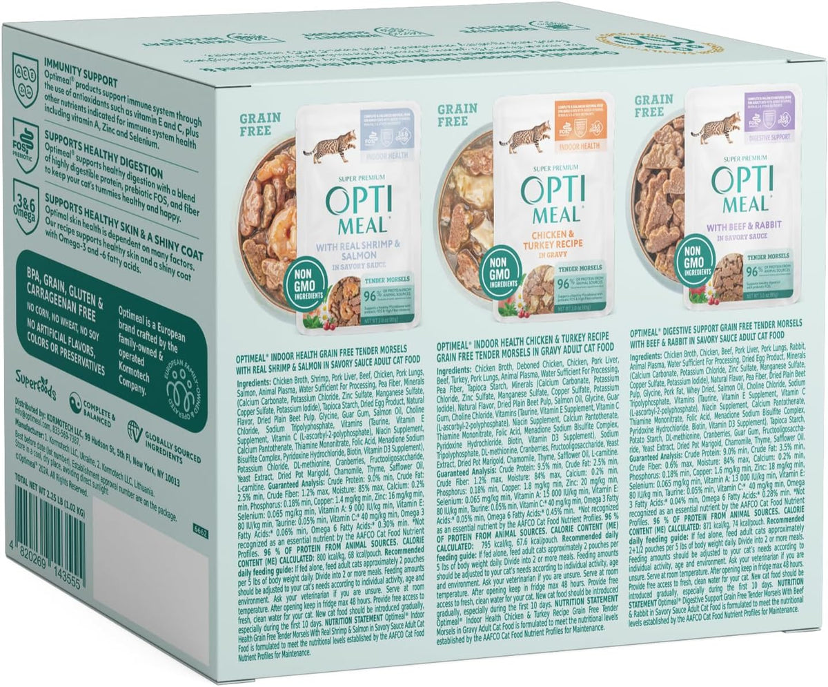 Twelve pack of premium imported adult cat food pouches in rich gravy.