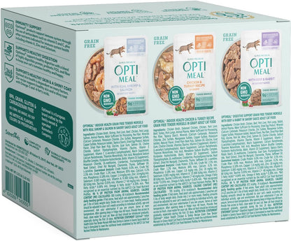 Twelve pack of premium imported adult cat food pouches in rich gravy.