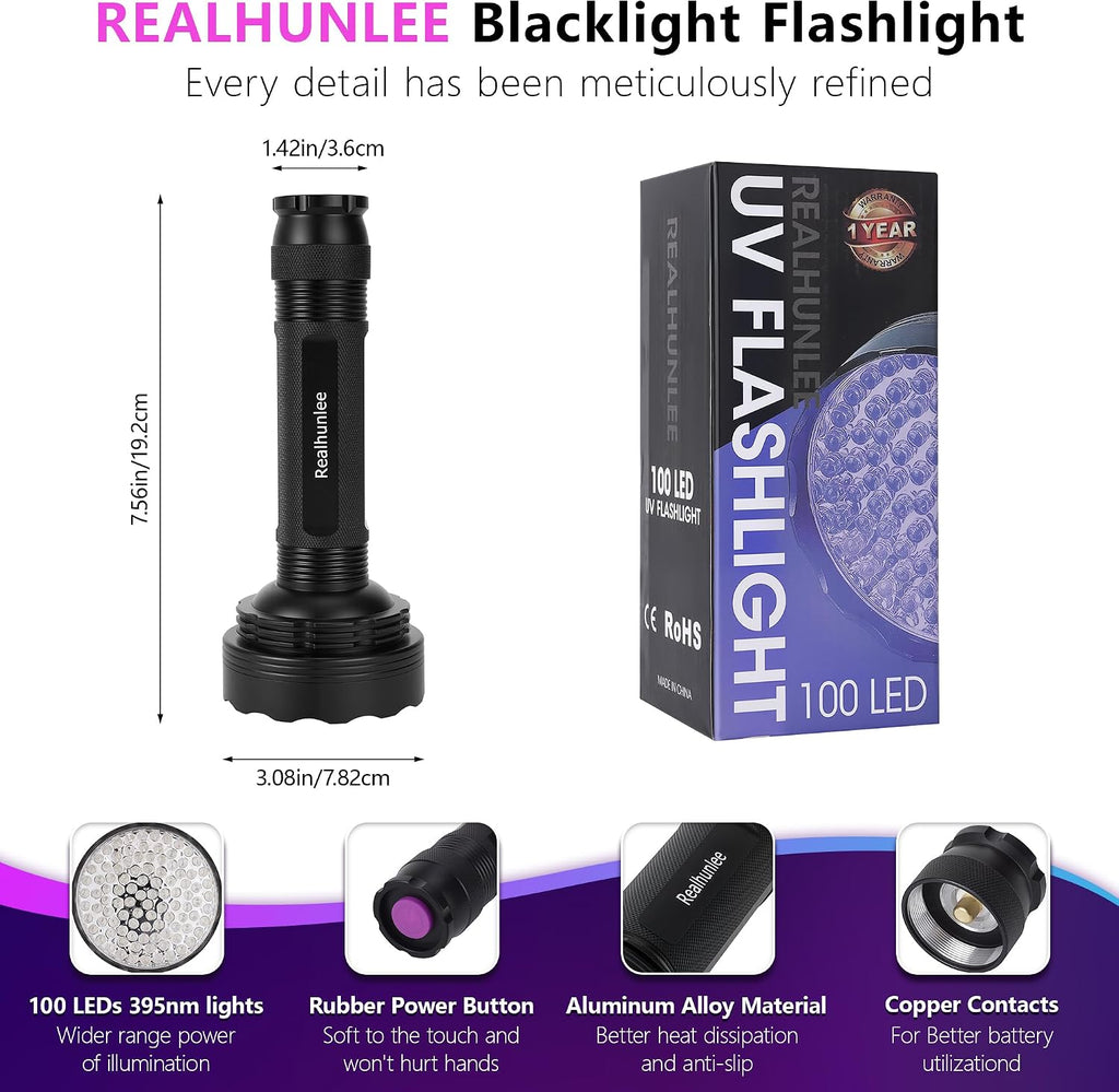 Realhunlee water resistant UV flashlight showing the military grade aluminum body construction.