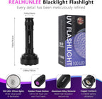 Realhunlee water resistant UV flashlight showing the military grade aluminum body construction.