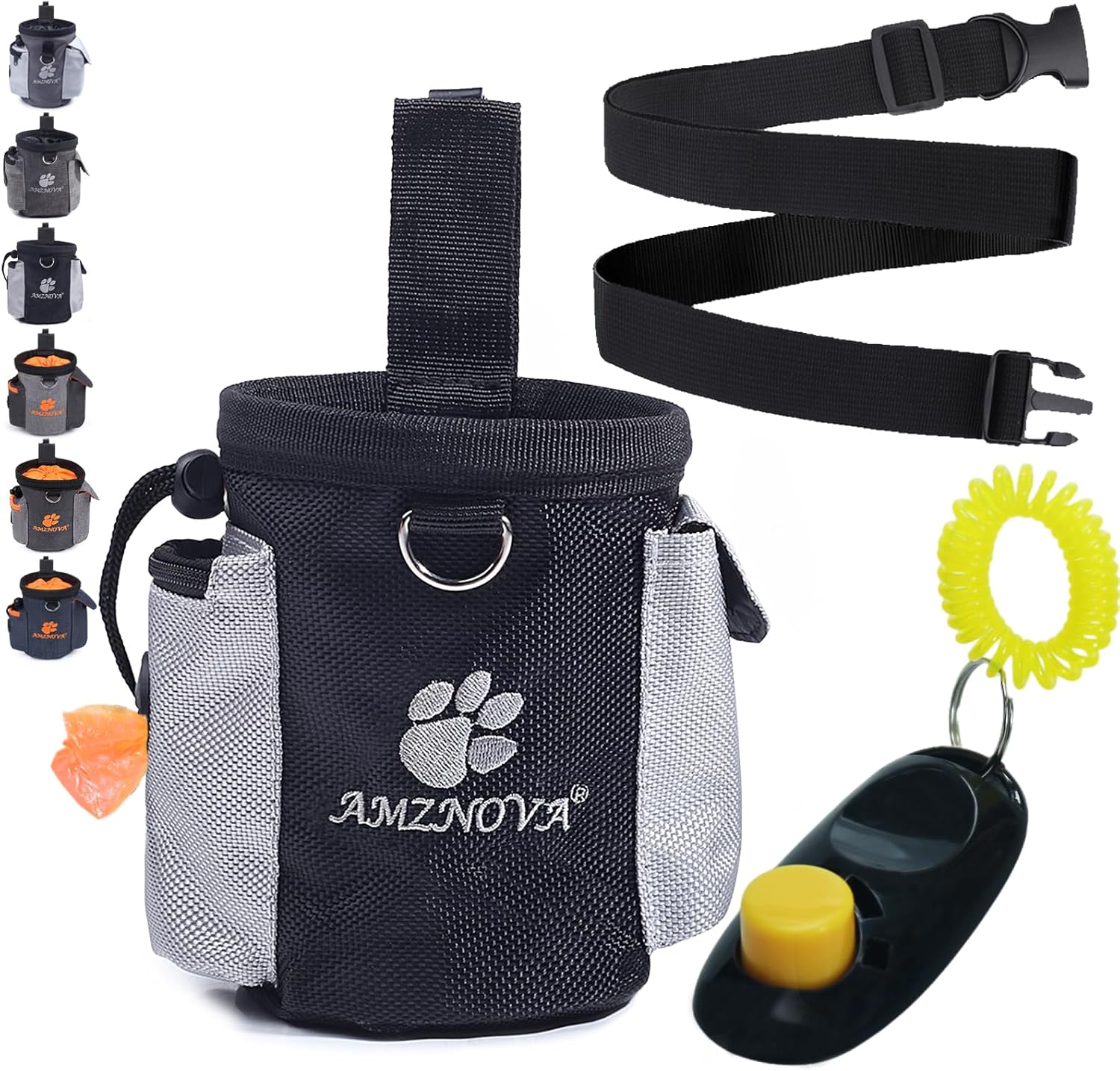 AMZNOVA dog treat bag front view showing premium black training pouch design