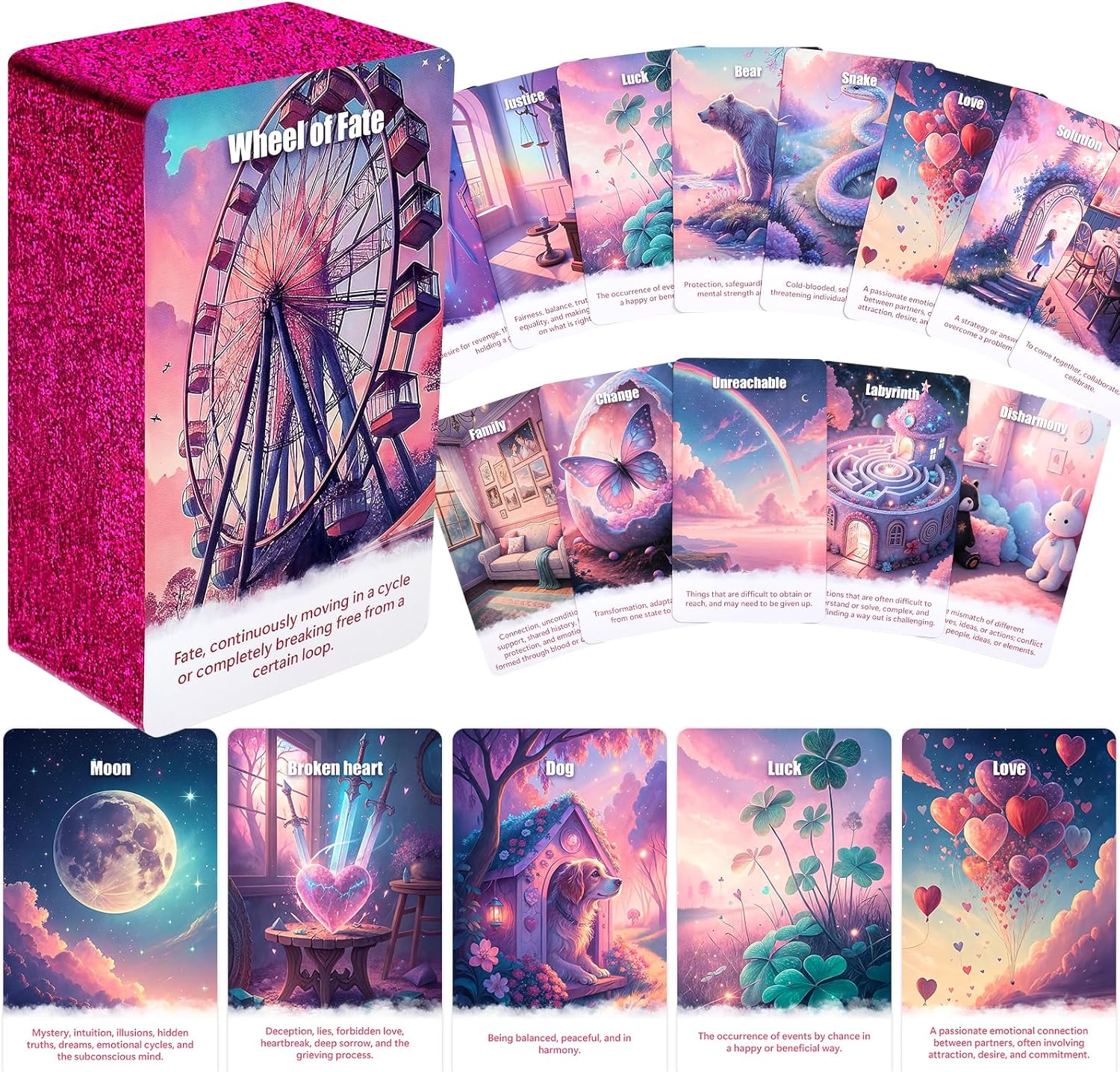 BQLXBABLT Pink Tarot Oracle Lenormand Cards front view of the pastel pink deck box.