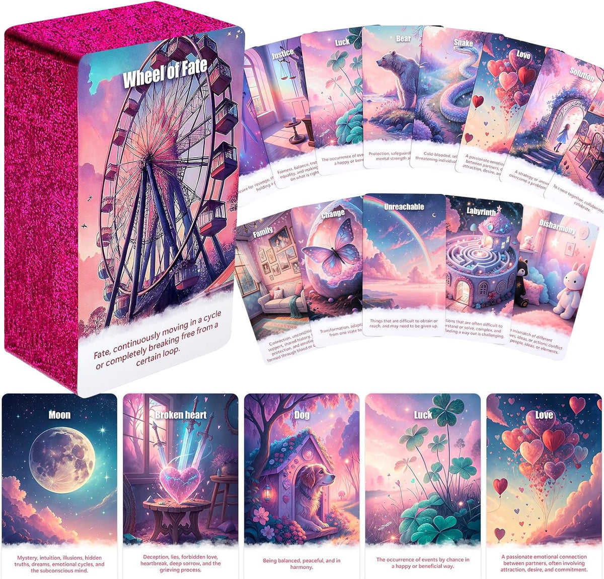 BQLXBABLT Pink Tarot Oracle Lenormand Cards front view of the pastel pink deck box.