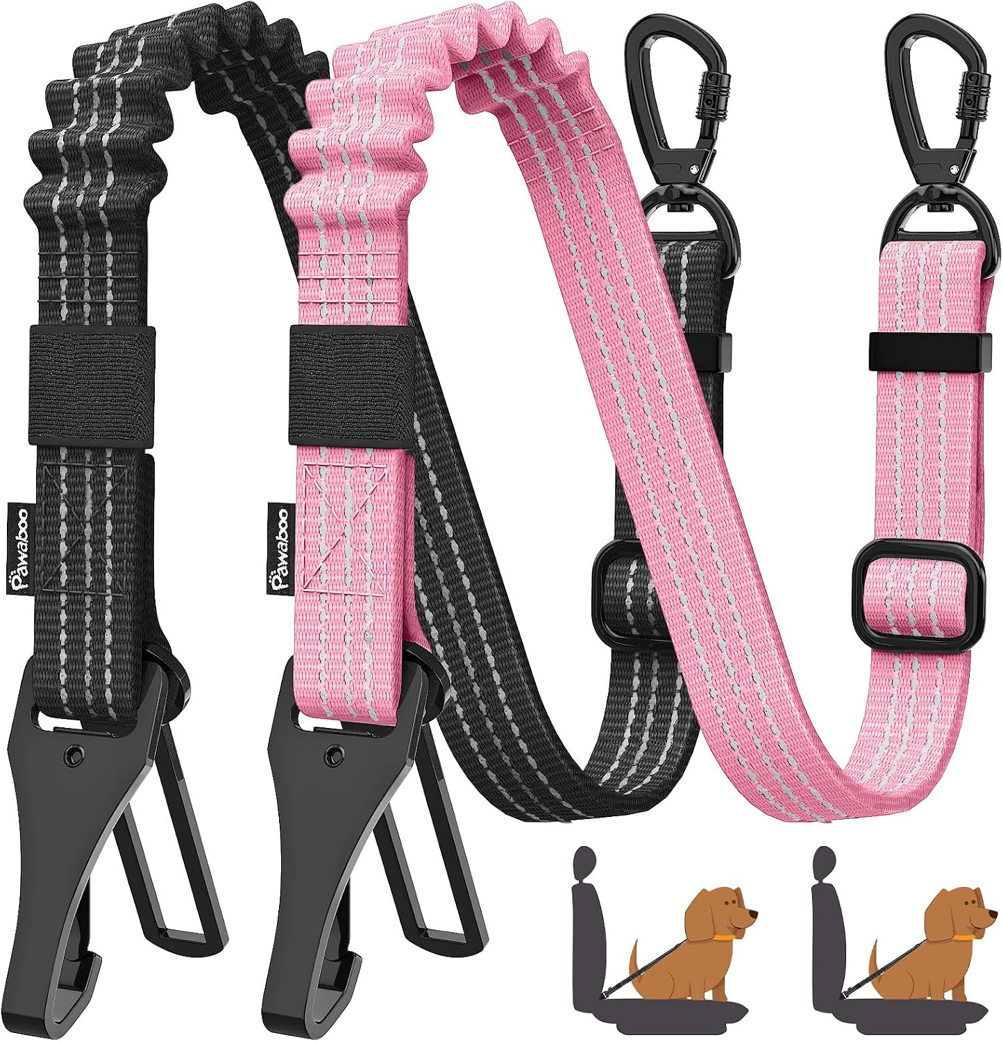 Pawaboo 2Pack Dog Seatbelt for Car,3-in-1 Dog Car Seat Belt Bungee,Shockproof Dogs Tether for Cars with Buckle&Hook Latch, Adjustable Reflective Dogs Cars Harness Leash with 360 degrees Lockable Buckle,Black - Image 9