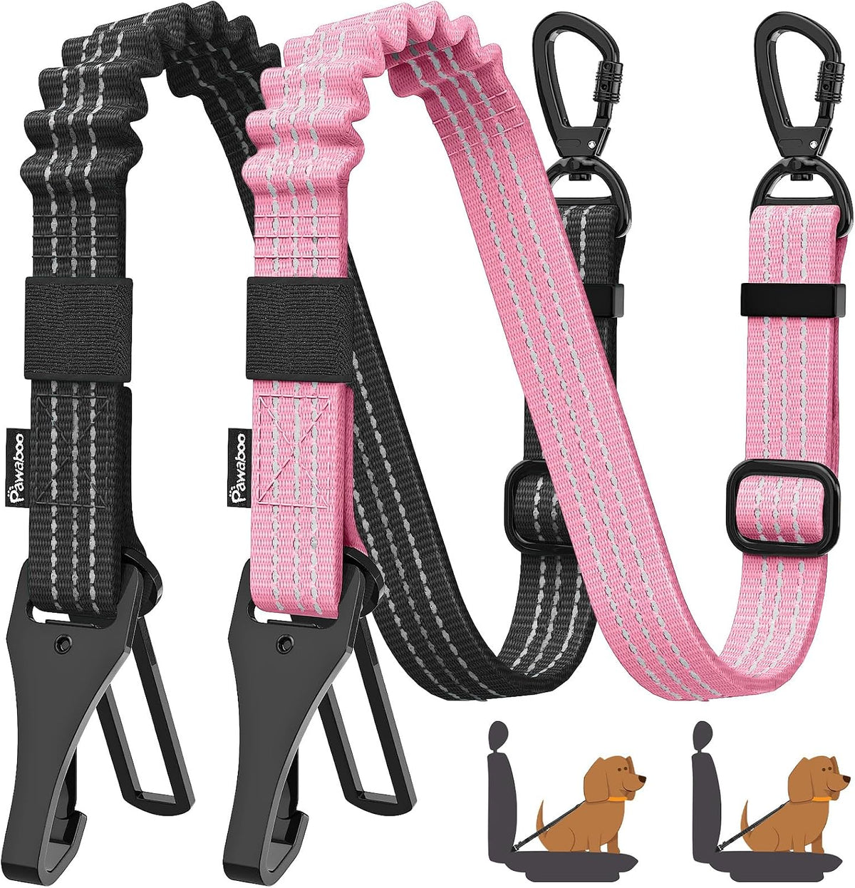 Pawaboo 2Pack Dog Seatbelt for Car,3-in-1 Dog Car Seat Belt Bungee,Shockproof Dogs Tether for Cars with Buckle&Hook Latch, Adjustable Reflective Dogs Cars Harness Leash with 360 degrees Lockable Buckle,Black - Image 9