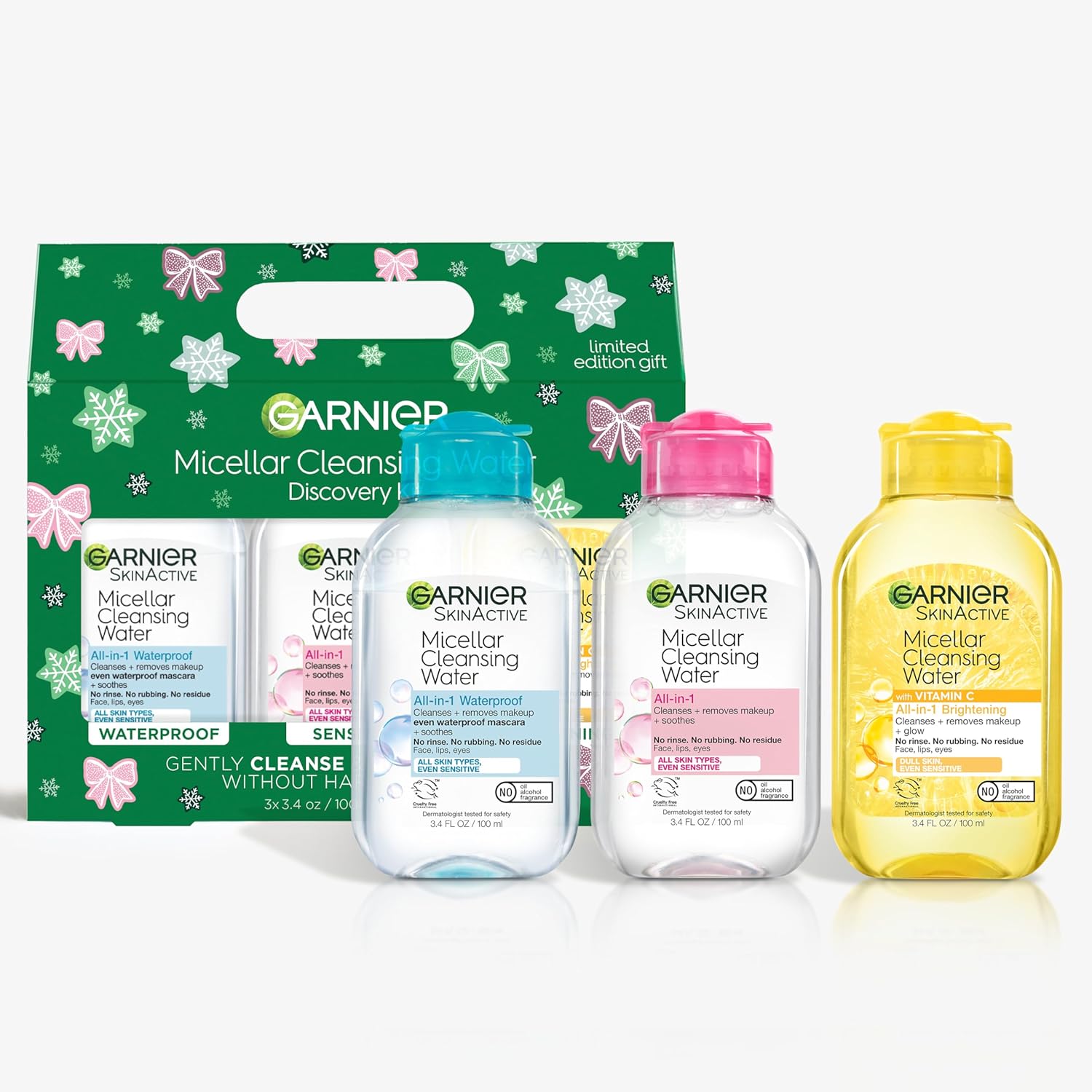 Garnier SkinActive Micellar Water Gift Set packaging front view showing three travel bottles