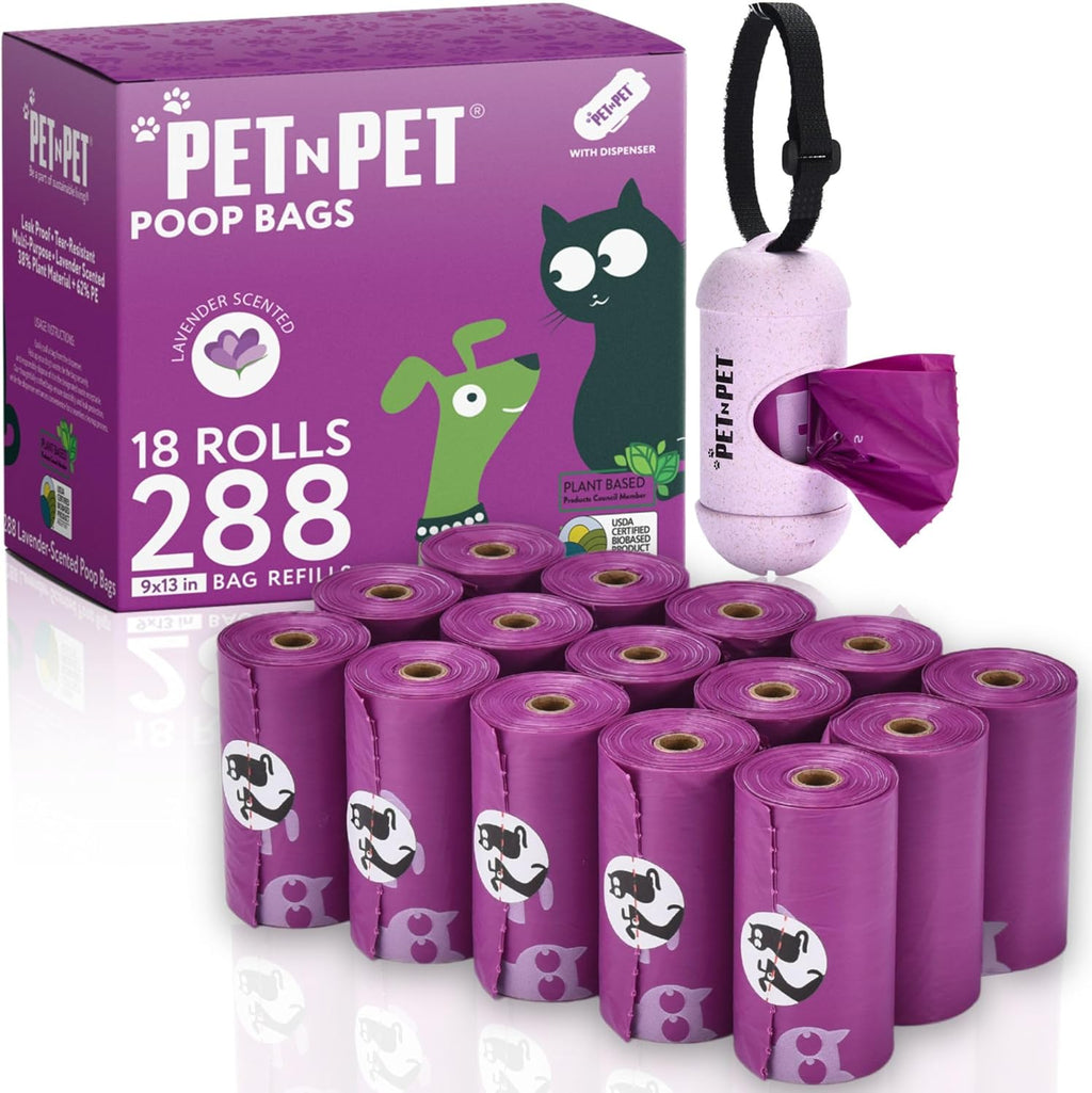 Pet N Pet lavender scented dog poop bags front view with green leash dispenser