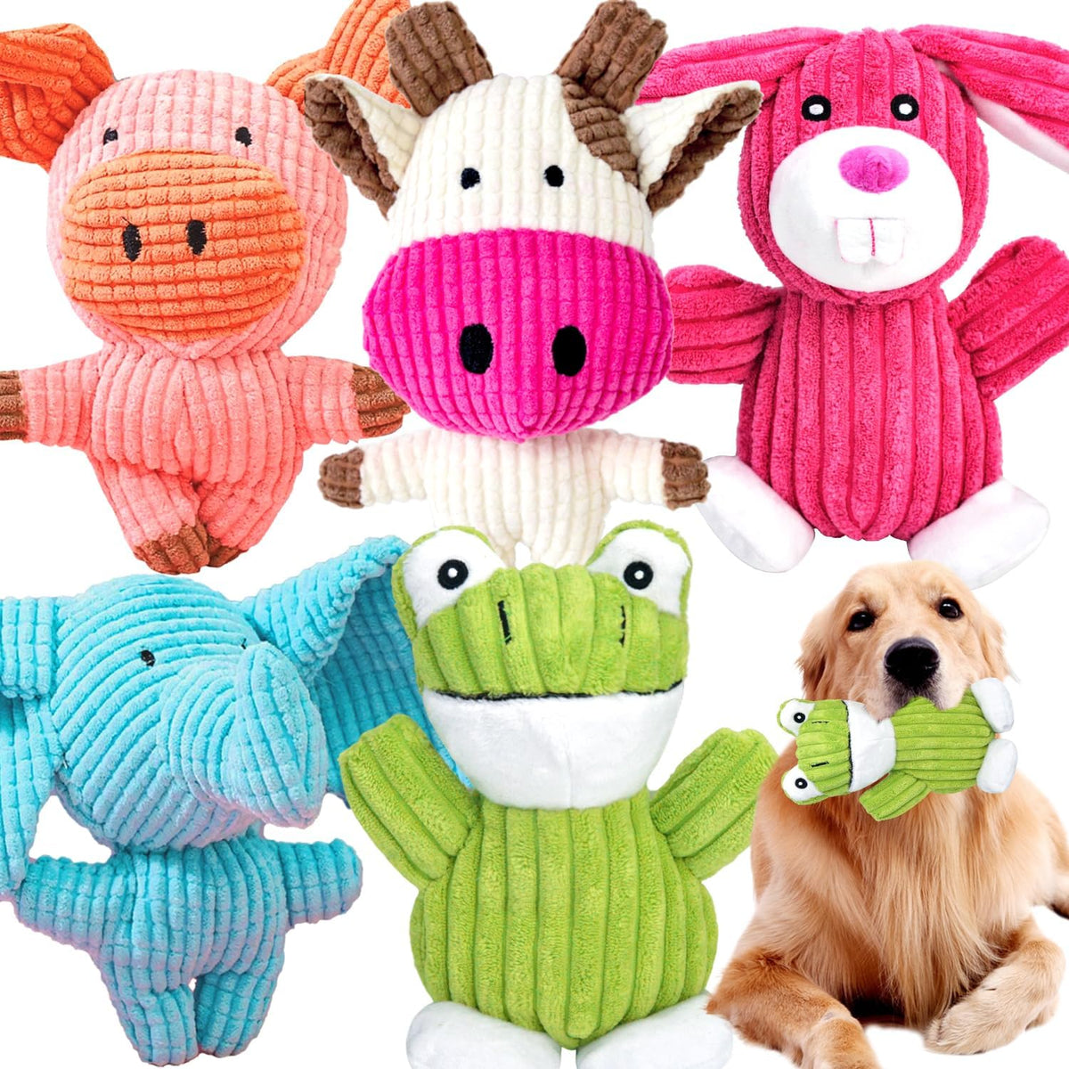 MRSOHRET squeaky dog toys five pack front view of plush animal collection
