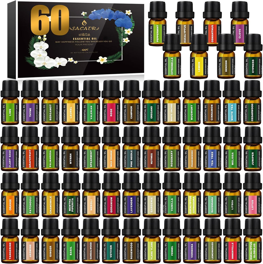 SACATR 60 Bottles Premium Essential Oils Set front view of aromatherapy collection.