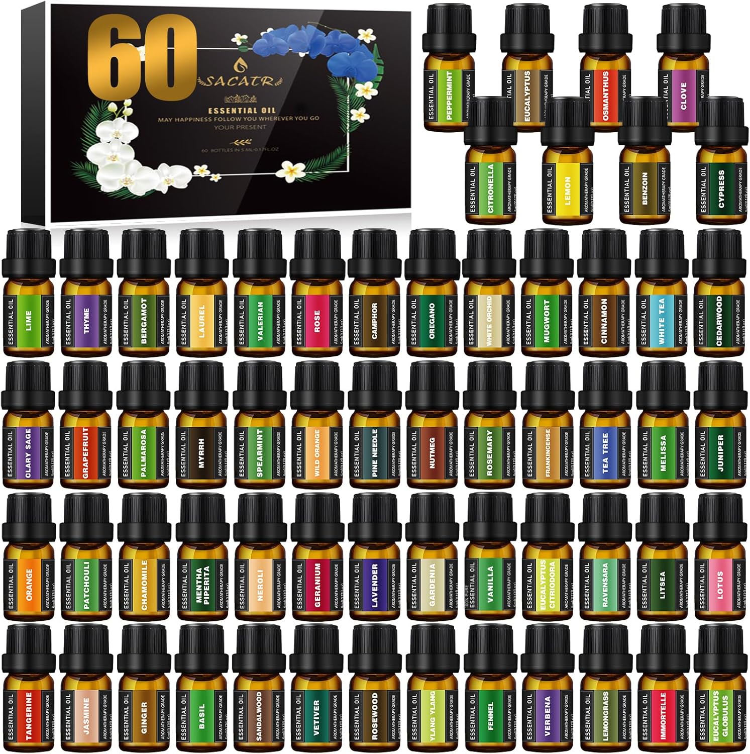 SACATR 60 Bottles Premium Essential Oils Set front view of aromatherapy collection.