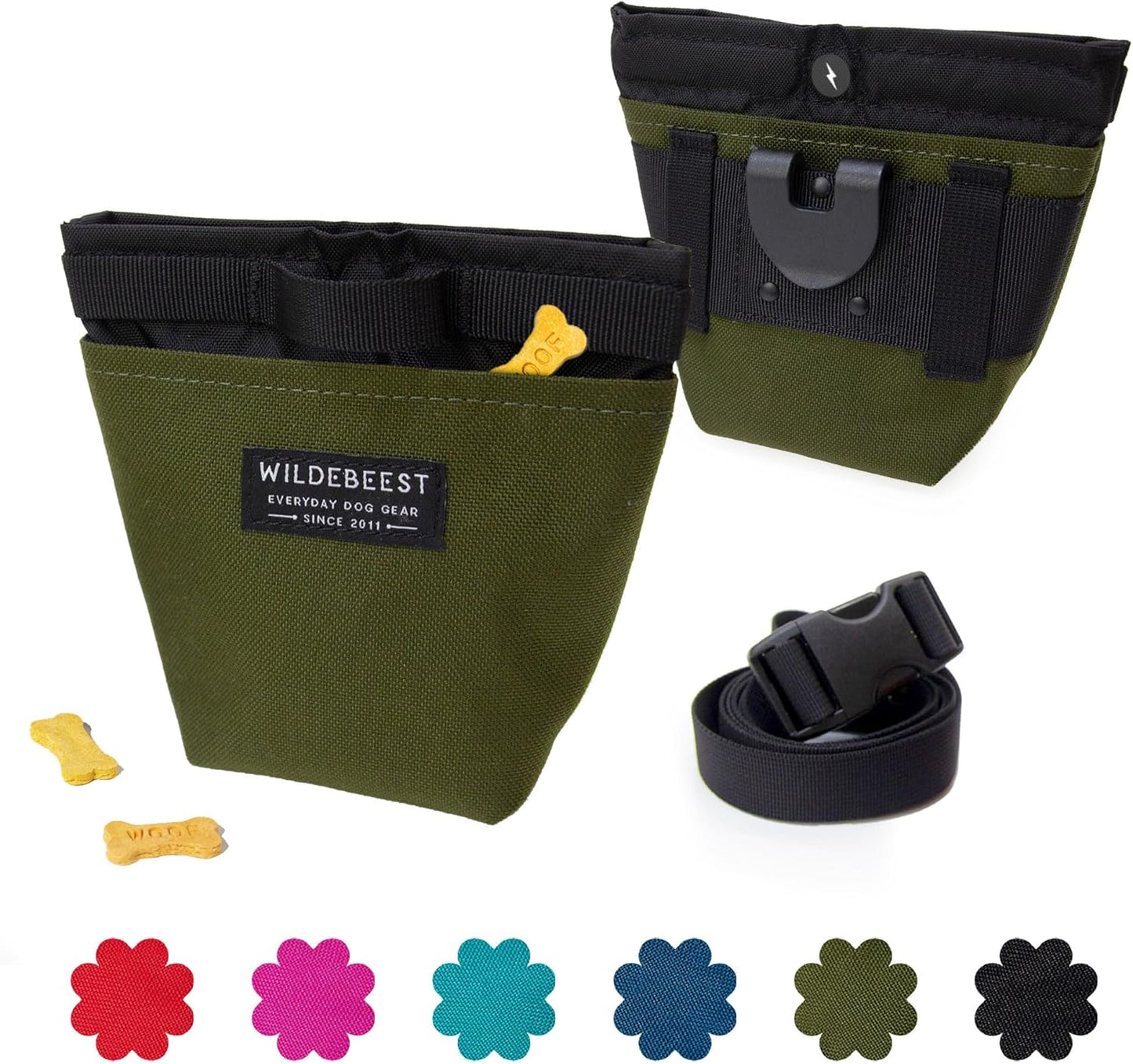 Machine-washable blue dog training pouch laid flat