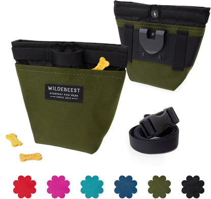 Machine-washable blue dog training pouch laid flat