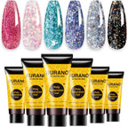 Burano poly extension gel nail kit front view showcasing six glitter builder gel tubes