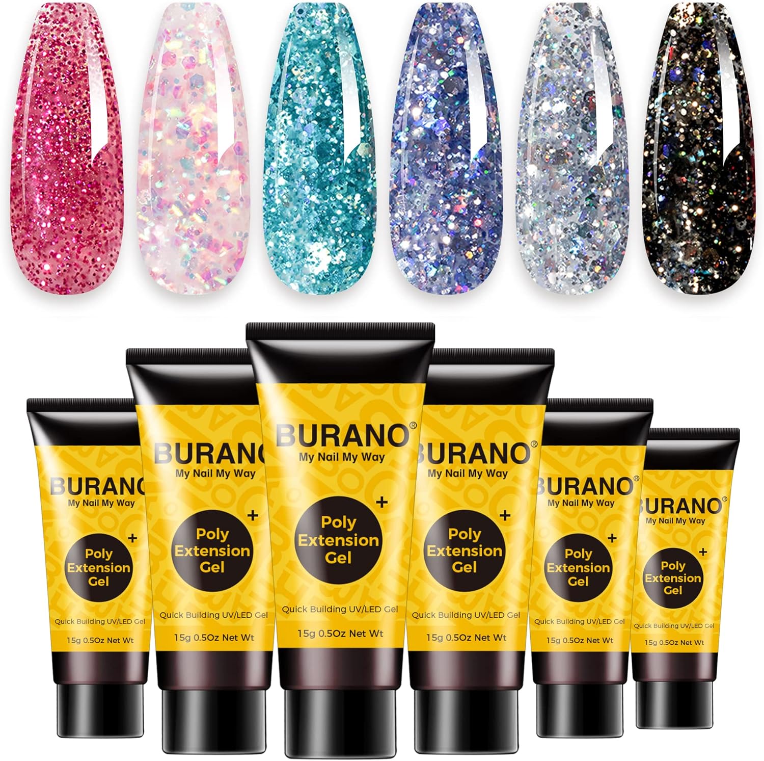 Burano poly extension gel nail kit front view with six glitter colors