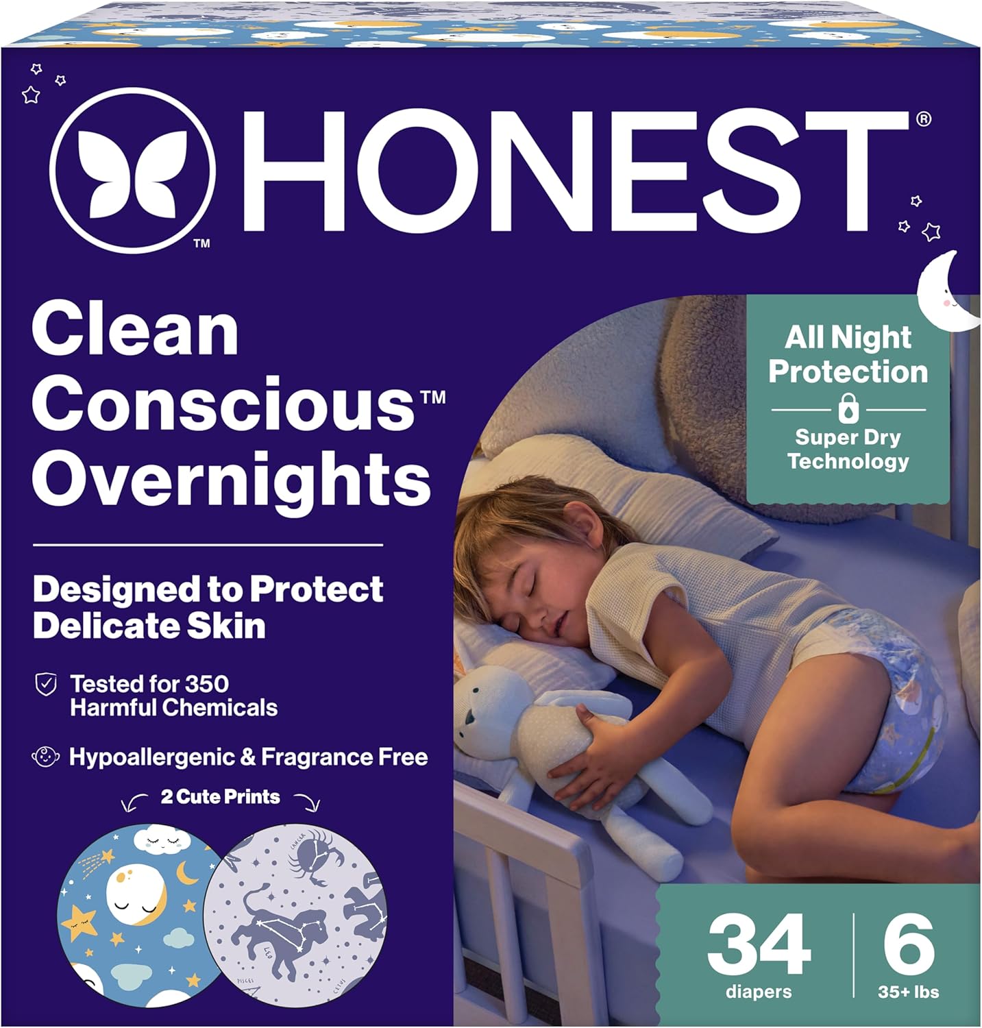 Clean Consciousâ„¢ Overnight Diapers | Up to 12 Hours of Protection | Hypoallergenic + Fragrance Free | Cozy Cloud + Star Signs | Size 6, 34 Count Club Box - Image 1