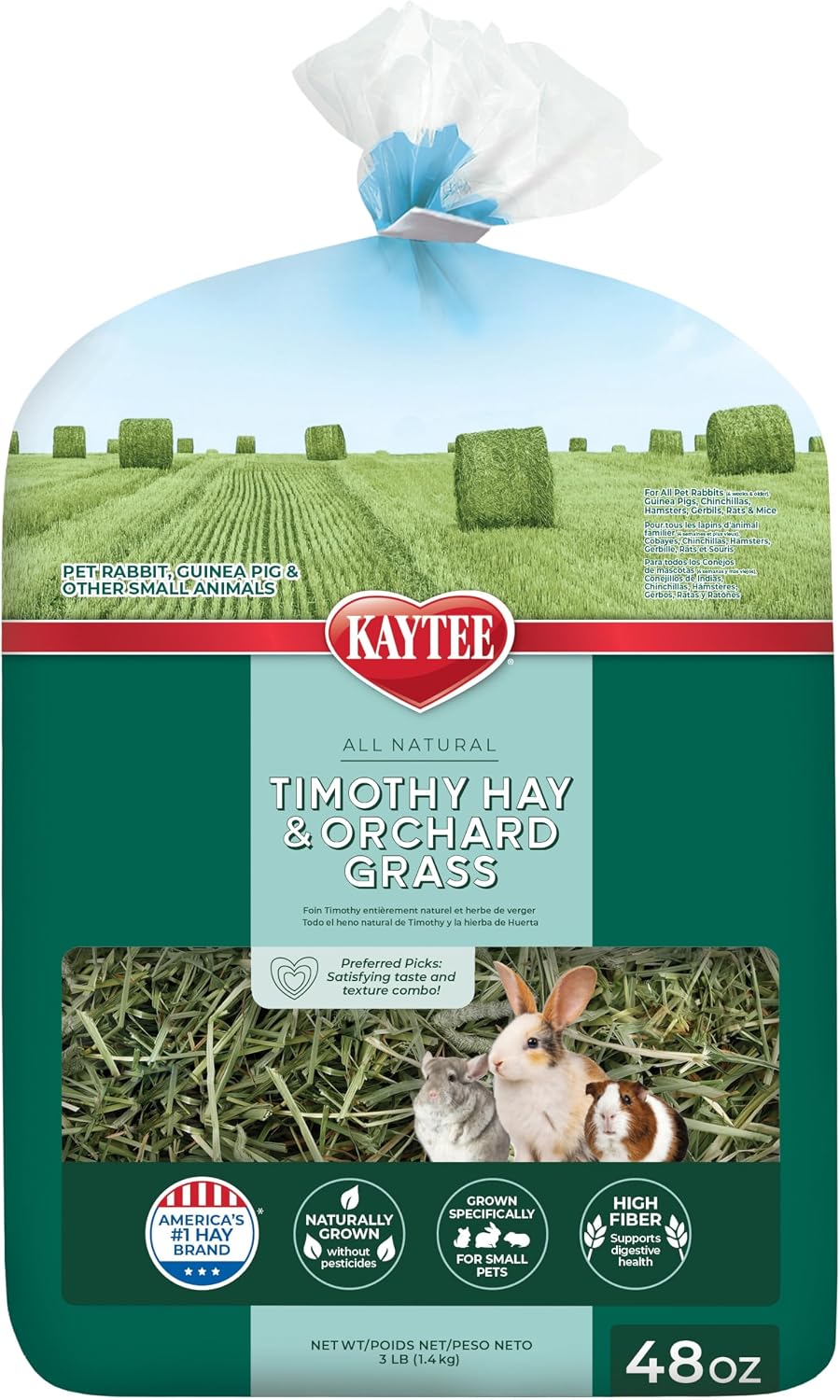 Kaytee Timothy Hay and Orchard Grass forty eight ounce bag front view premium USA imported small pet food