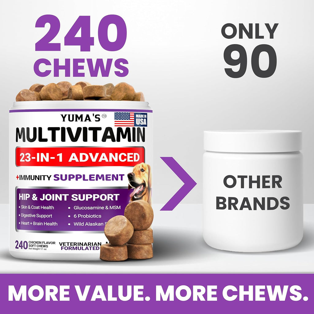 Yuma's dog supplement container displaying the 240 treats quantity and hip and joint support labels.