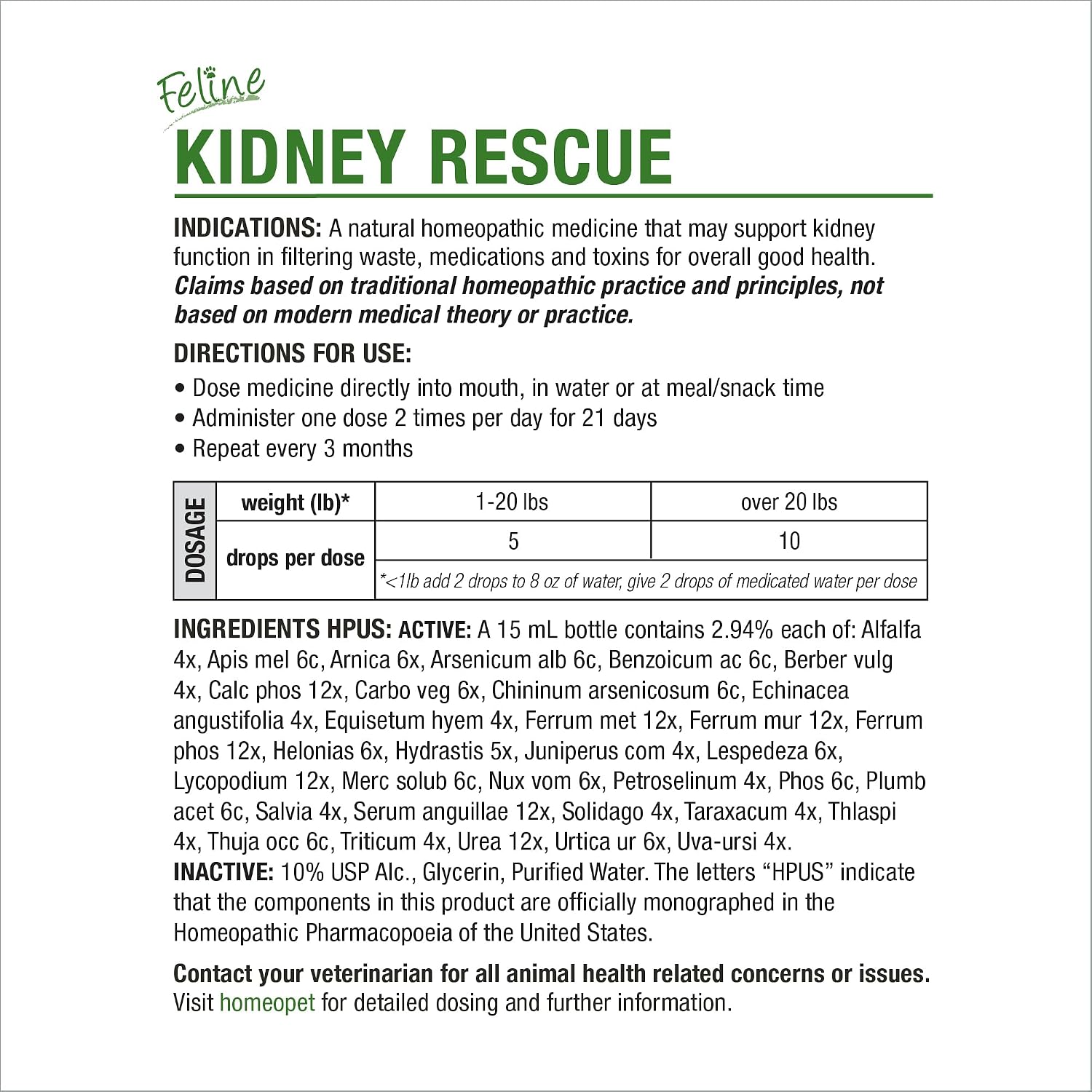 HomeoPet Feline Kidney Rescue back label showing veterinary support information