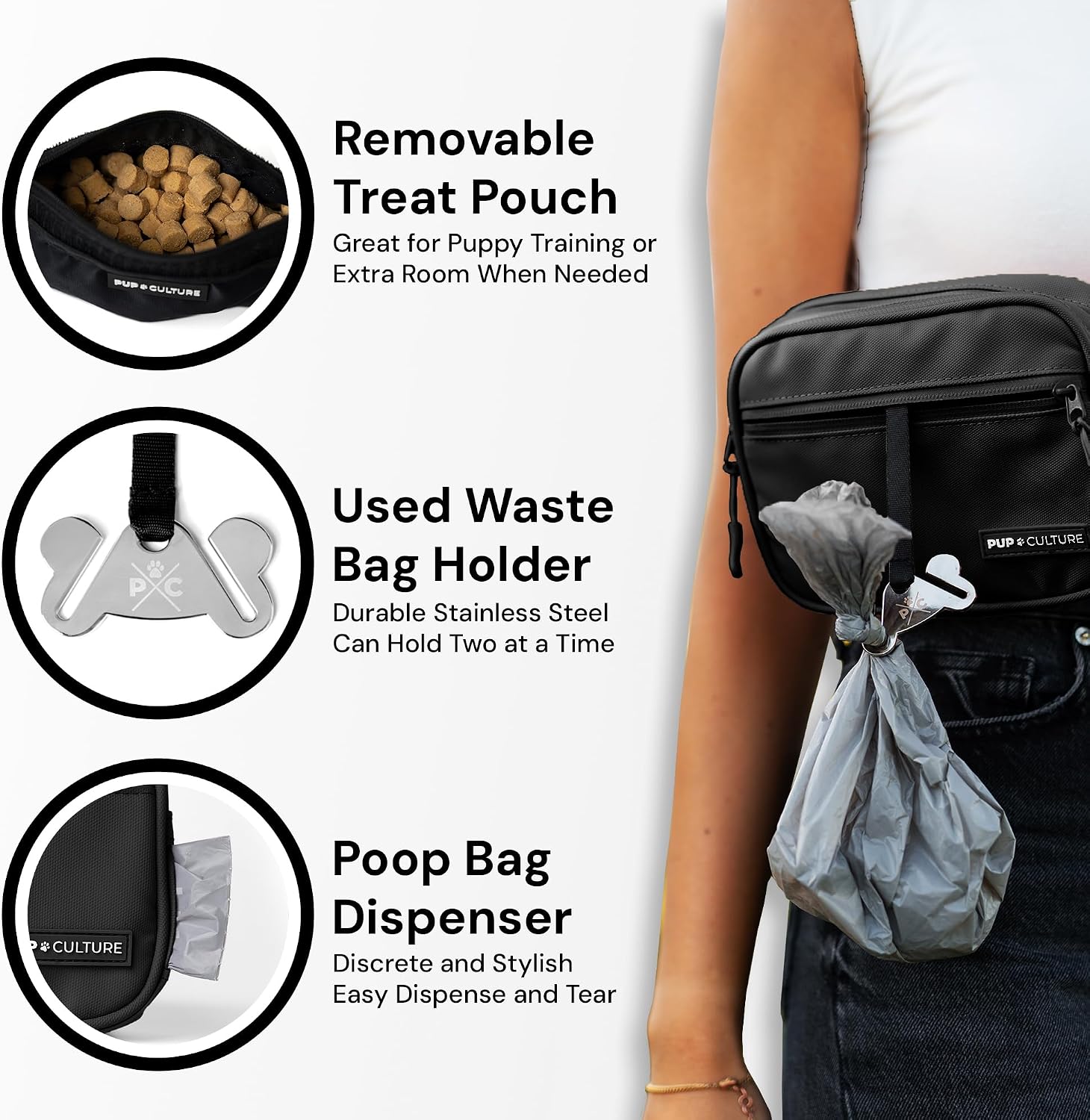Pup Culture multi functional bag showing the integrated rubberized pet waste poop bag dispenser slot