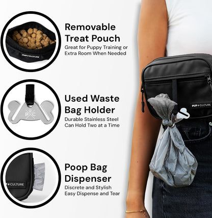 Pup Culture multi functional bag showing the integrated rubberized pet waste poop bag dispenser slot